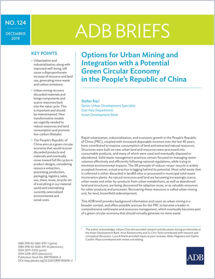 Options for Urban Mining and Integration With a Potential Green Circular Economy in the People’s Republic of China